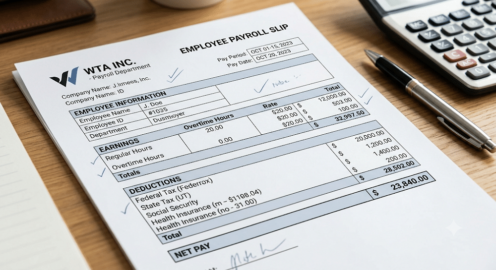 A detailed employee payroll slip for 'WTA INC.' is shown on a desk, illustrating a clear financial document that avoids common payroll errors. The form breaks down earnings, Utah state taxes, federal deductions, and a final net pay amount, ensuring transparency and trust for employees