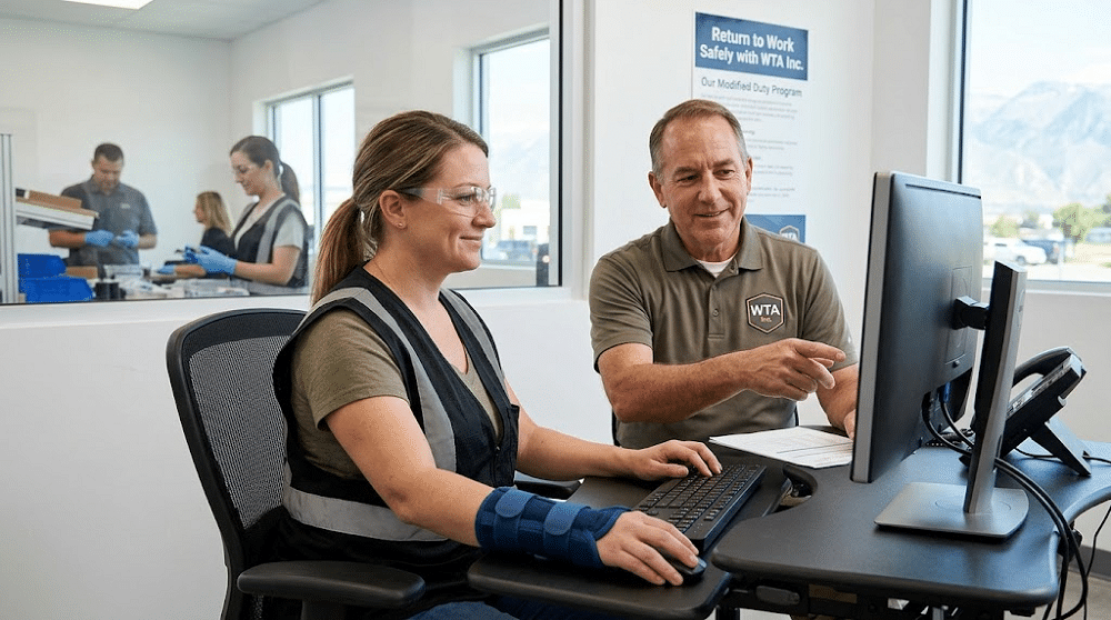 An employee wearing a blue wrist brace sits at an ergonomic computer workstation, performing light-duty data entry tasks as part of a modified duty program. In the background, an HR manager and other staff collaborate, symbolizing a supportive and safe return-to-work environment.