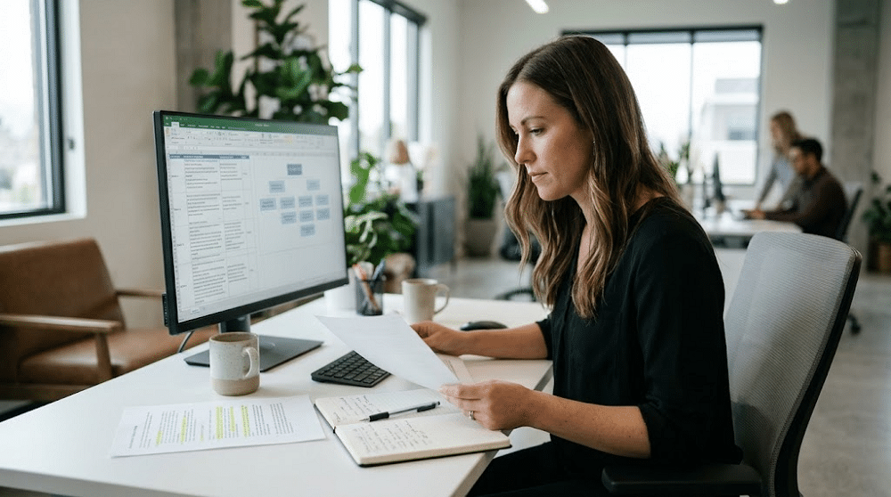An HR manager in a brightly lit Salt Lake City office reviews employee job descriptions and organizational charts to ensure accurate role categorization. She cross-references printed documents with a spreadsheet on her computer monitor to assist WTA Inc. in optimizing workers' compensation premiums.